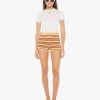 High Waisted Blissful Bootie Short - Mustard Brown Stripe 1 High Waisted Blissful Bootie Short - Mustard Brown Stripe -Mother Denim 4522 1500 MUB VW A FullBodyFront 3743