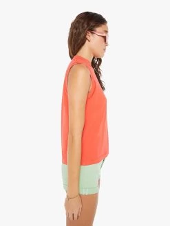 The Mock 10 Tee - Hot Coral -Mother Denim 8283 944 HCL VW B WaistUpSide 4764